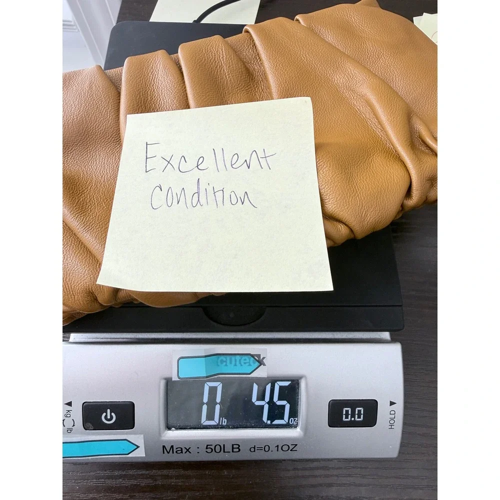 STAUD Bean Bag Clutch Women Small Tan Brown Ruched Leather Pleated NO STRAP